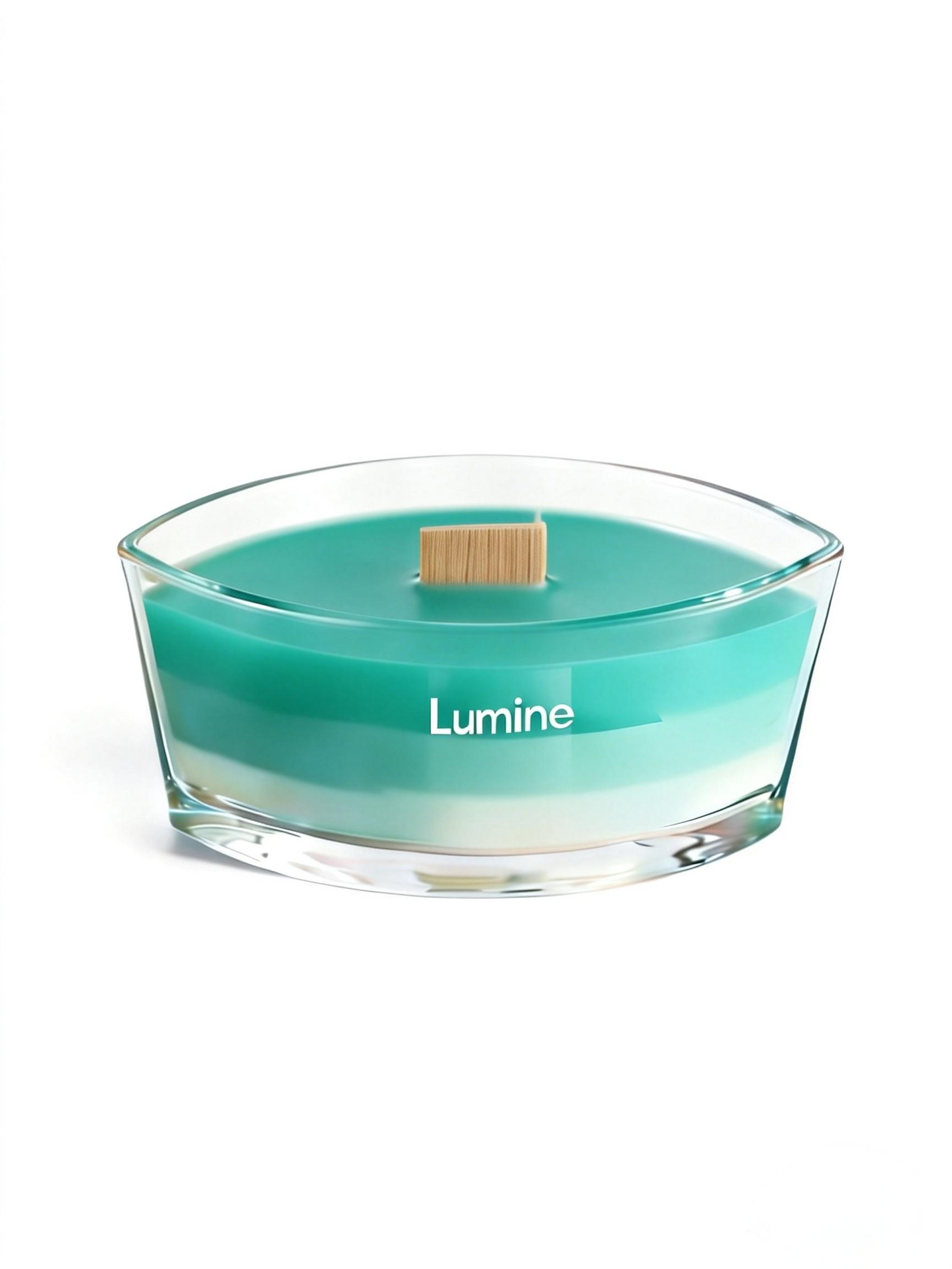 Top view of Lumine Ginger & Sandalwood soy wax candle with the wooden lid removed, showing the wooden wick and layered wax.