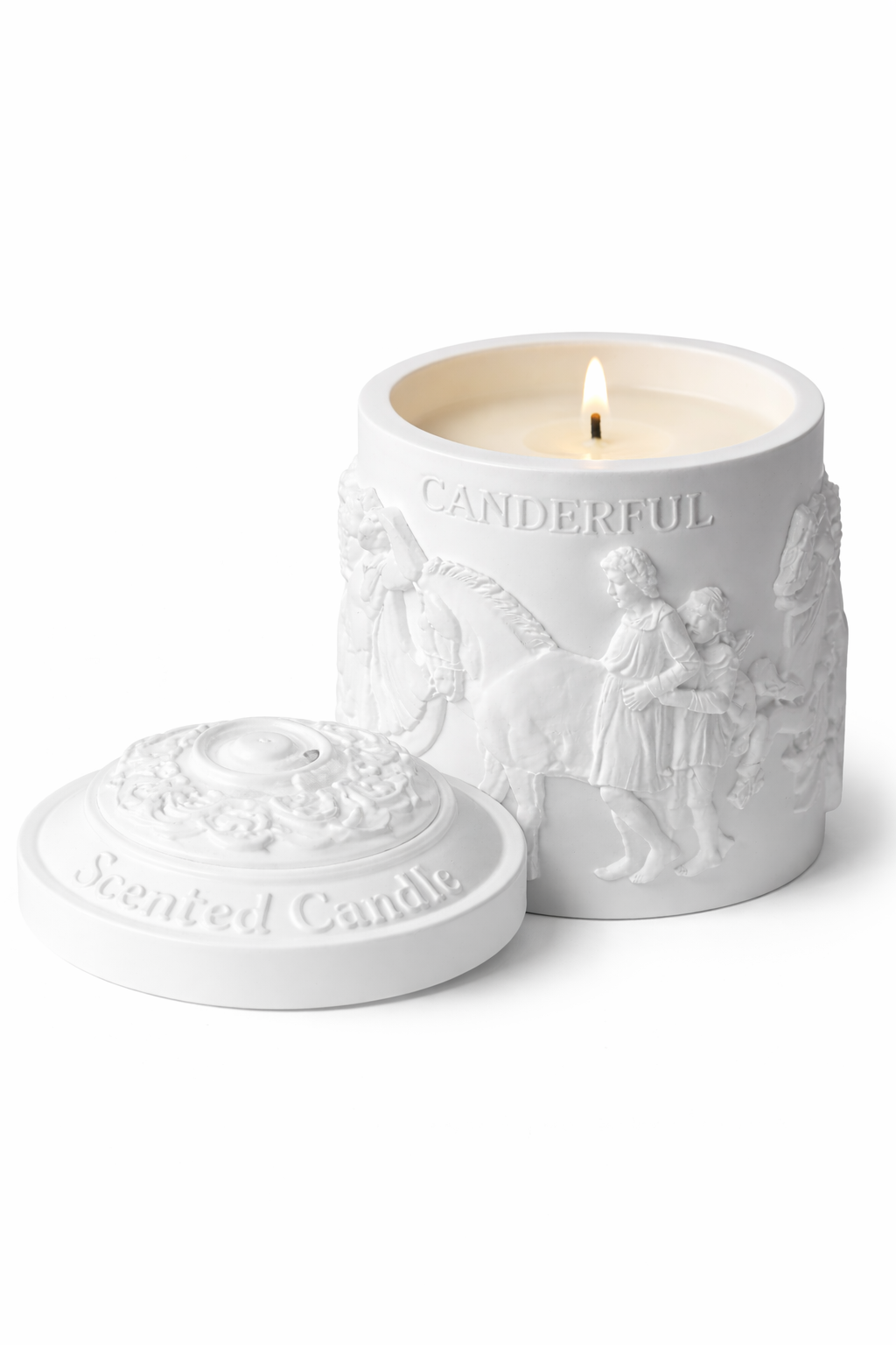 Lumine Juniper, Iris & Clary Sage soy wax candle jar lit with the lid removed, showing a calm, steady flame.