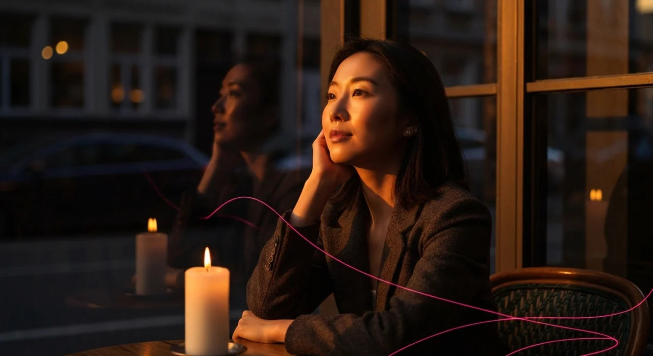 Elena Wu, founder of Lumine Candle, smiles serenely in a sunlit European setting, embodying the peaceful inspiration behind our natural soy scented candles.