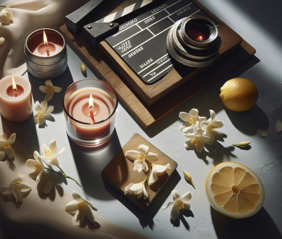 Lumine scented candles collection arranged by fragrance type including floral, woody and citrus scents, displayed in minimalist home decor style