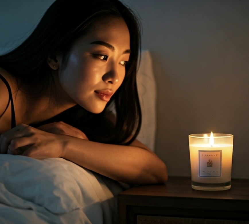 A serene woman with long dark hair reclines in a dimly lit bedroom, gazing thoughtfully at a glowing Lumine Candle on the nightstand—its natural soy wax flame casting a warm, inviting light that evokes peace and connection in everyday rituals.