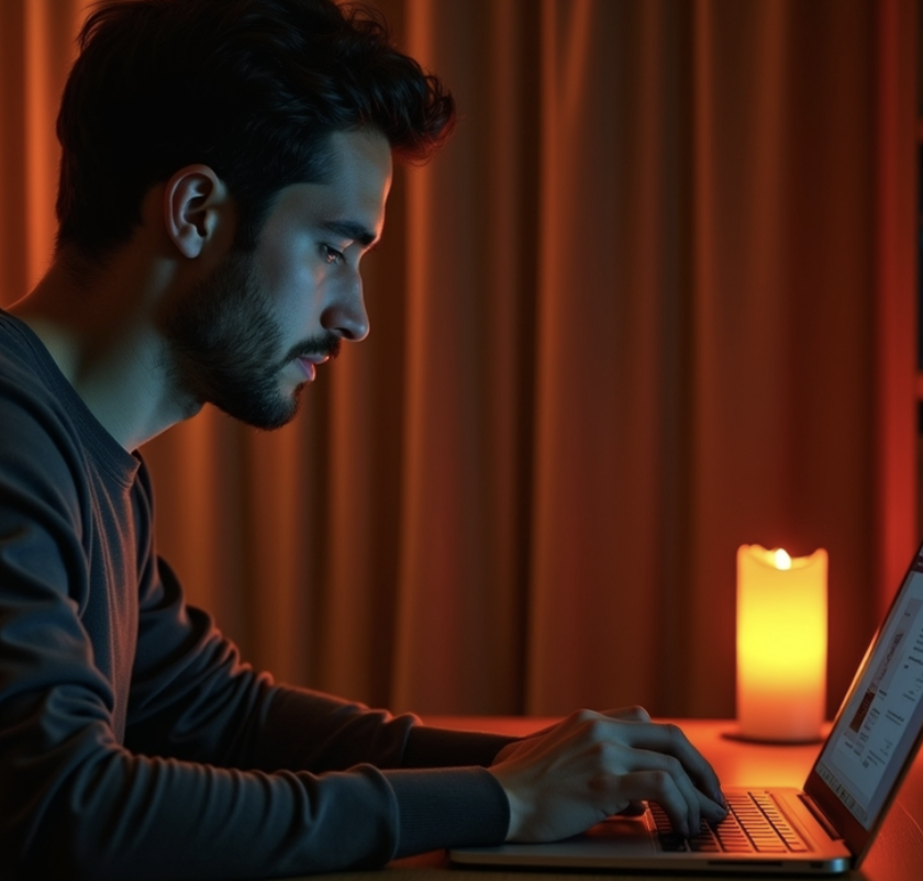 A focused man with dark hair and beard types on a laptop at a wooden desk in a cozy library nook, illuminated by the soft glow of a Lumine Candle and a vintage lamp—evoking the calming, productive warmth of natural soy scented candles for evening rituals.