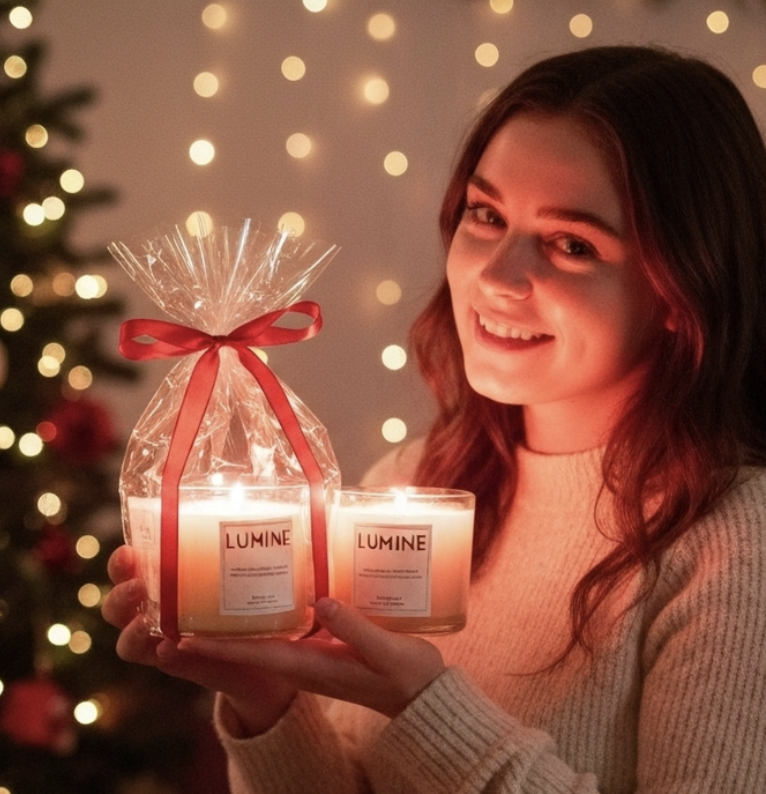 A joyful woman with long brown hair in a cream sweater holds two glowing Lumine Candle jars—one lit, the other gift-wrapped in red ribbon—against a twinkling Christmas tree backdrop, capturing the cozy magic of sustainable soy scented holiday gifts.