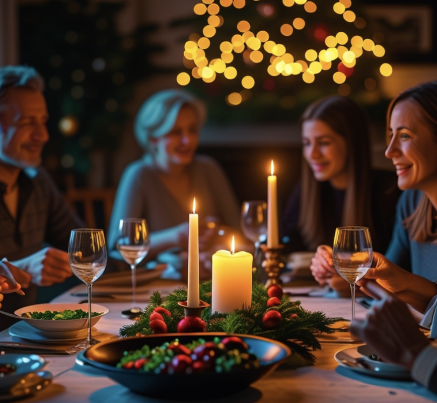A joyful multi-generational family gathers around a wooden dining table adorned with evergreen garlands, red ornaments, and glowing Lumine Candle tapers in a warmly lit room with twinkling Christmas lights—savoring wine, salads, and berries in a scene of holiday togetherness and natural soy fragrance.
