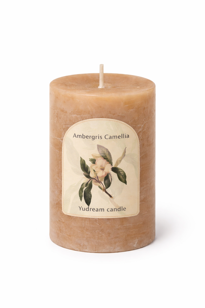 Front view of Lumine Ambergris & Camellia soy wax candle (340g) on a white background.