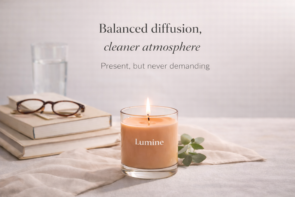 Lumine soy wax candle in a glass jar, surrounded by books and glasses, illustrating the balanced diffusion and clean atmosphere philosophy. Designed to provide a refined, comfortable fragrance that enhances spaces for reading, resting, and working.