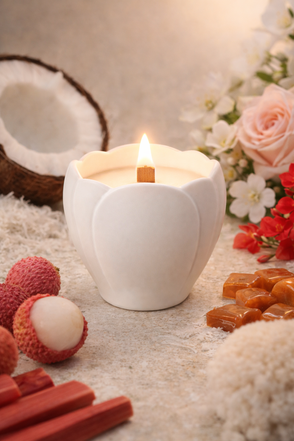 Lumine Coconut & Lychee soy wax candle in a magnolia-shaped porcelain vessel styled with lychee fruit, coconut pieces, caramel notes and soft rose petals.