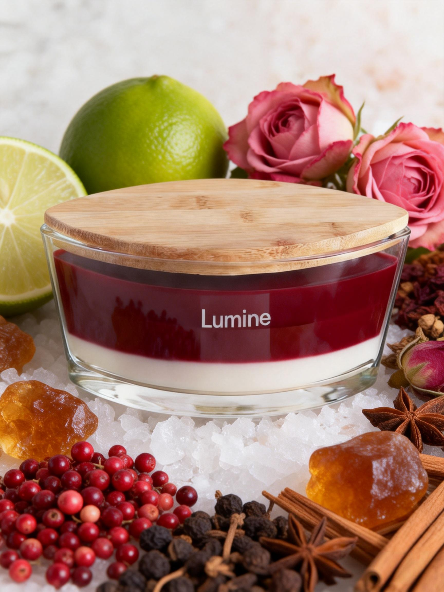 Lumine Damask Rose & Amber soy wax candle in a glass jar styled with damask rose petals and warm amber resin accents.