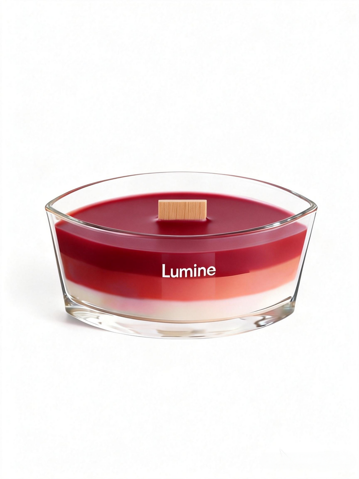 Top view of Lumine Damask Rose & Amber soy wax candle with the wooden lid removed, showing the wooden wick and layered wax.
