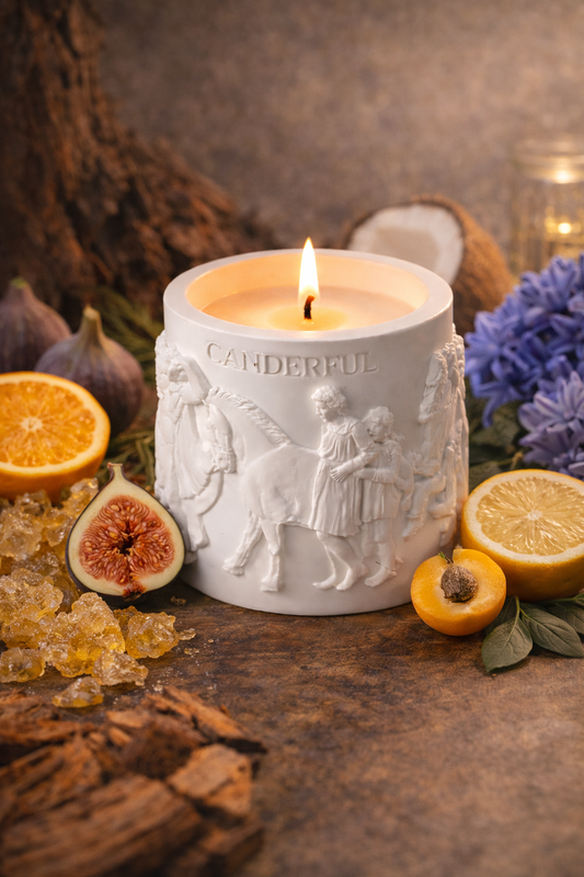 Lumine Fig & Coconut soy wax candle styled with fresh fig, citrus peel, coconut pieces, pine resin and warm amberwood accents.