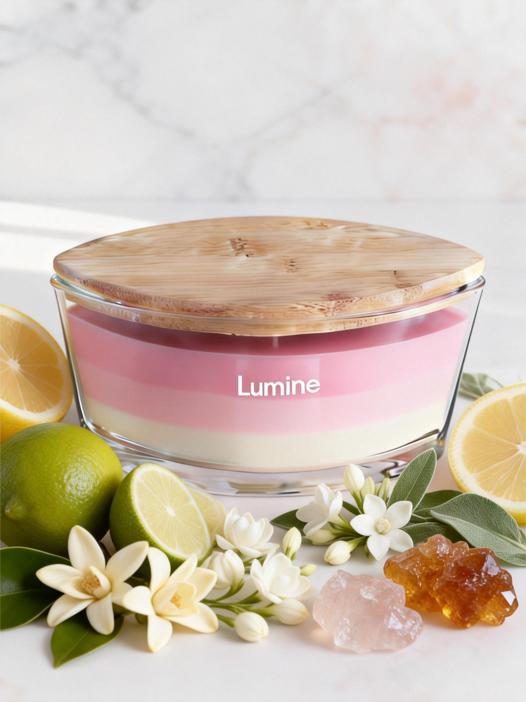 Lumine Gardenia & Jasmine soy wax candle in a glass jar styled with gardenia petals and jasmine blossoms.