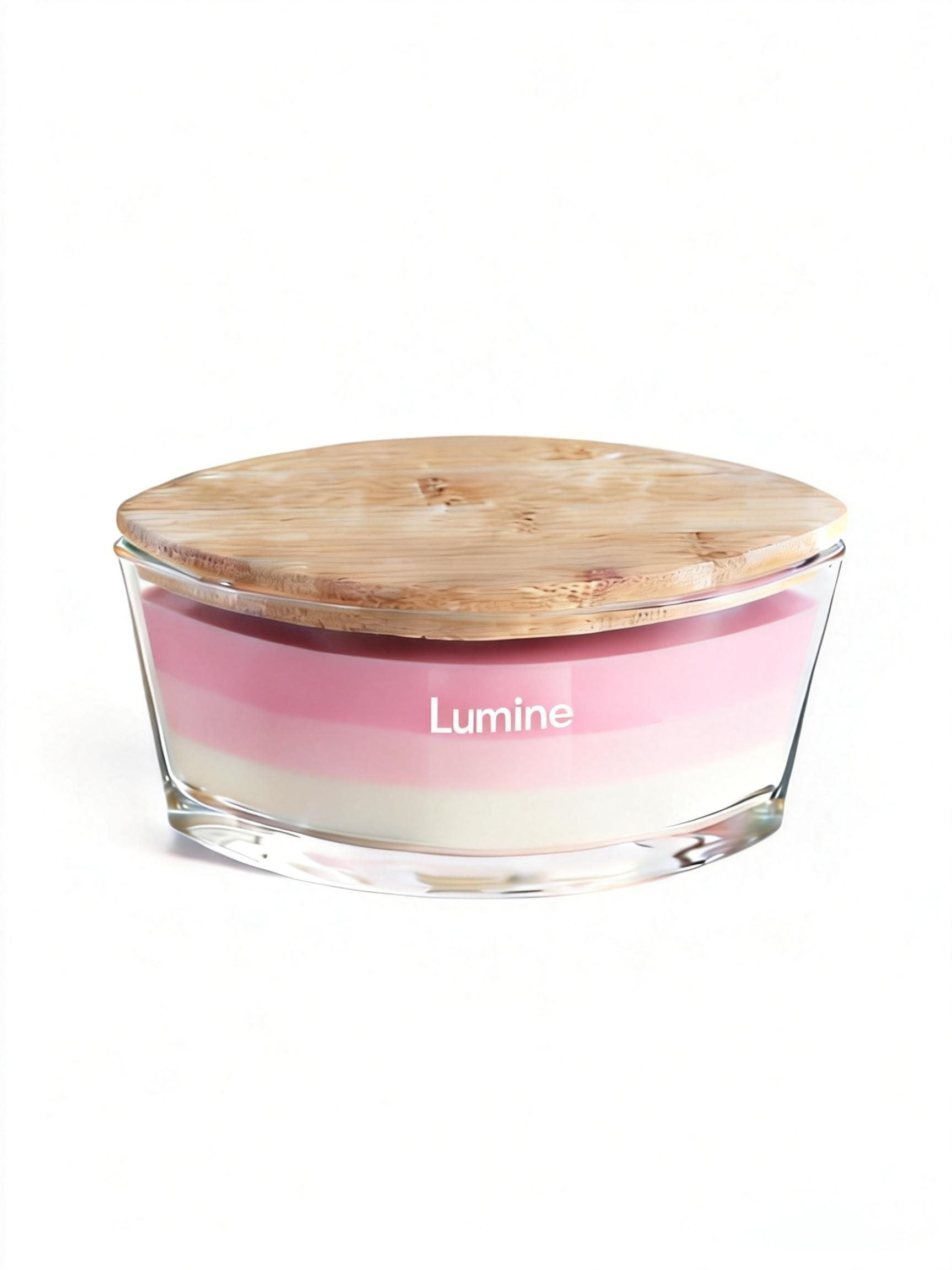 Front view of Lumine Gardenia & Jasmine soy wax candle in a glass jar with a wooden lid on a white background.