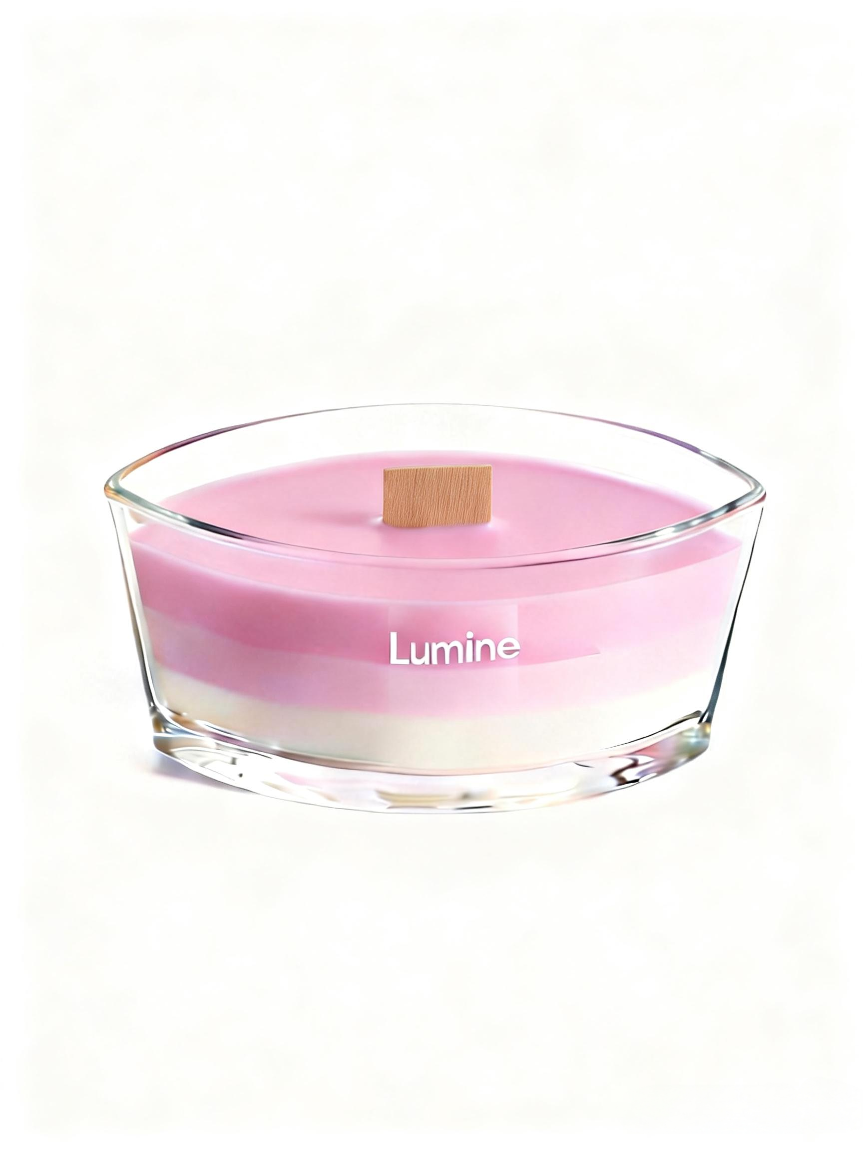 Top view of Lumine Gardenia & Jasmine soy wax candle with the wooden lid removed, showing the wooden wick and layered wax.