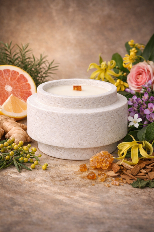 Lumine Ginger & Grapefruit soy wax candle in a stone-style vessel, styled with grapefruit and ginger notes for a bright dusk mood.