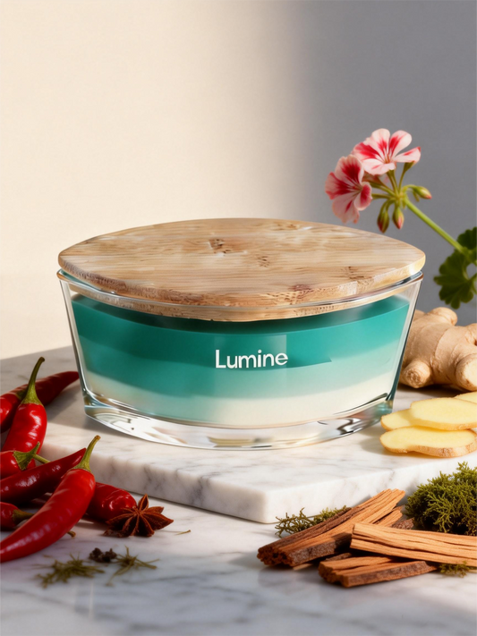 Lumine Ginger & Sandalwood soy wax candle in a glass jar styled with fresh ginger root and sandalwood shavings.