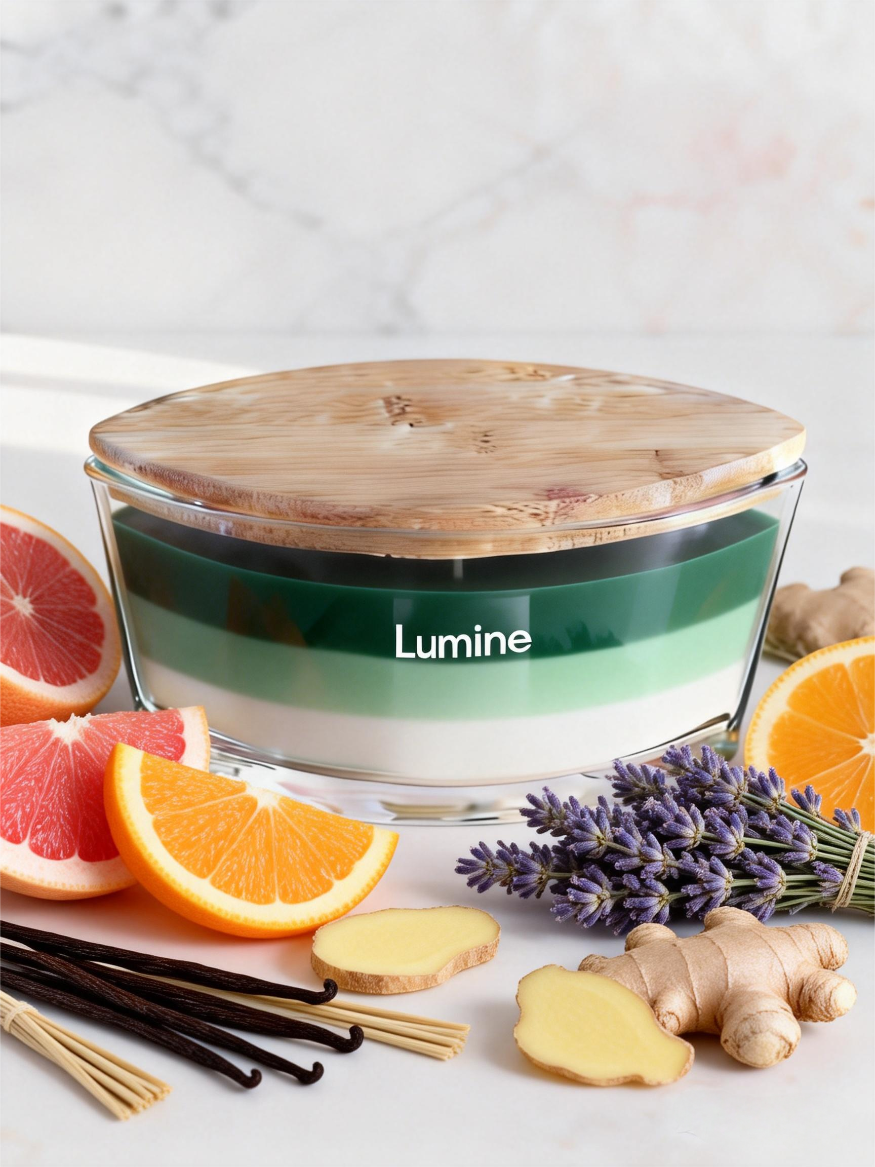 Lumine Grapefruit & Vetiver soy wax candle in a glass jar styled with grapefruit slices and vetiver grass.
