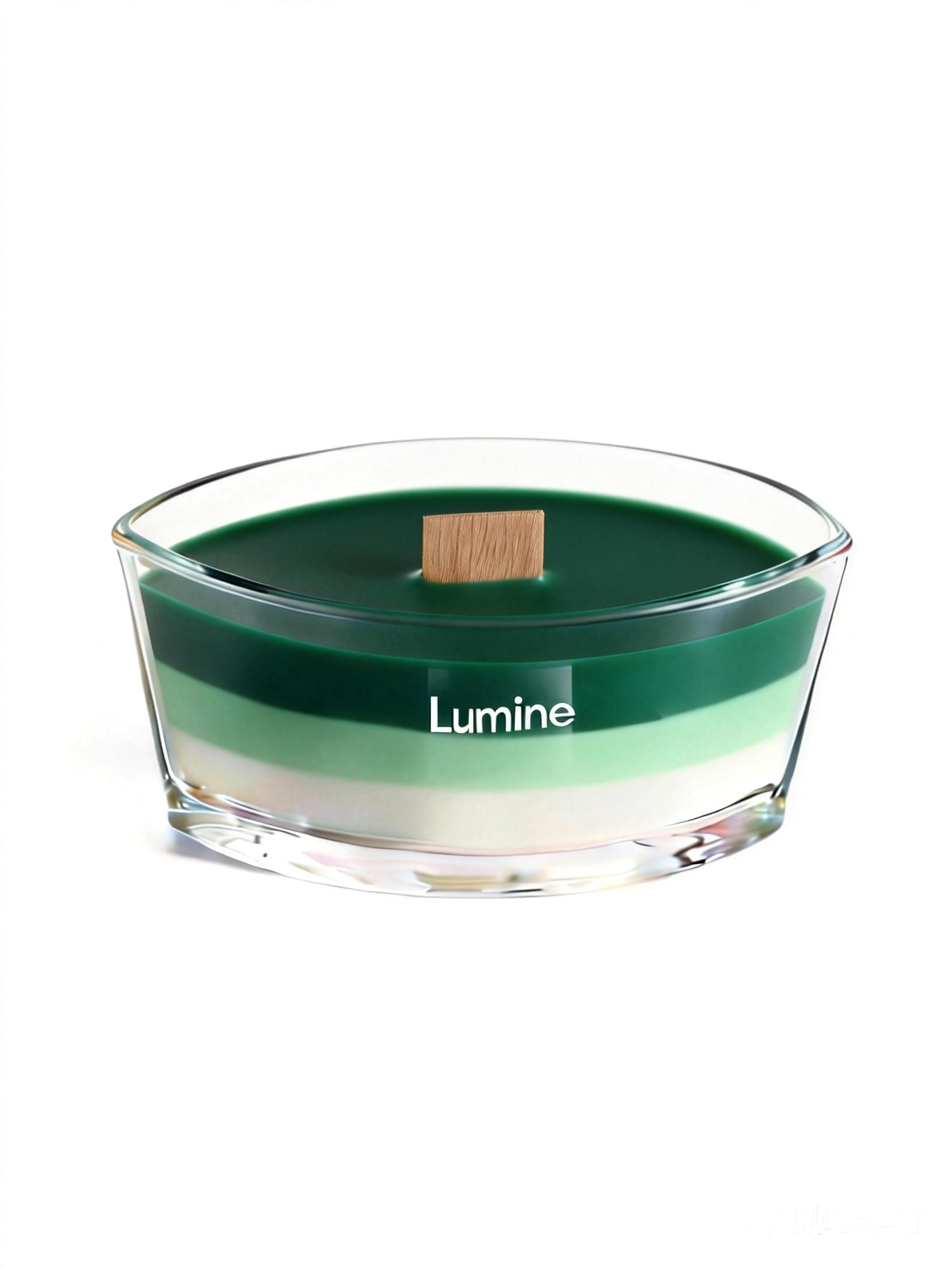 Top view of Lumine Grapefruit & Vetiver soy wax candle with the wooden lid removed, showing the wooden wick and layered wax.