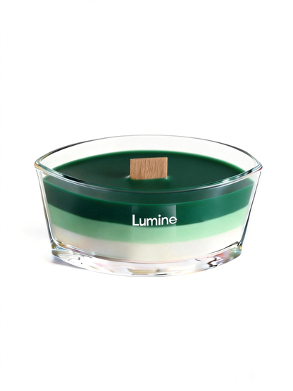 Top view of Lumine Grapefruit & Vetiver soy wax candle with the wooden lid removed, showing the wooden wick and layered wax.