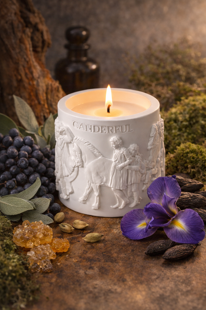 Lumine Juniper, Iris & Clary Sage soy wax candle styled with juniper berries, iris petals, sage leaves, cedarwood chips and cardamom pods.