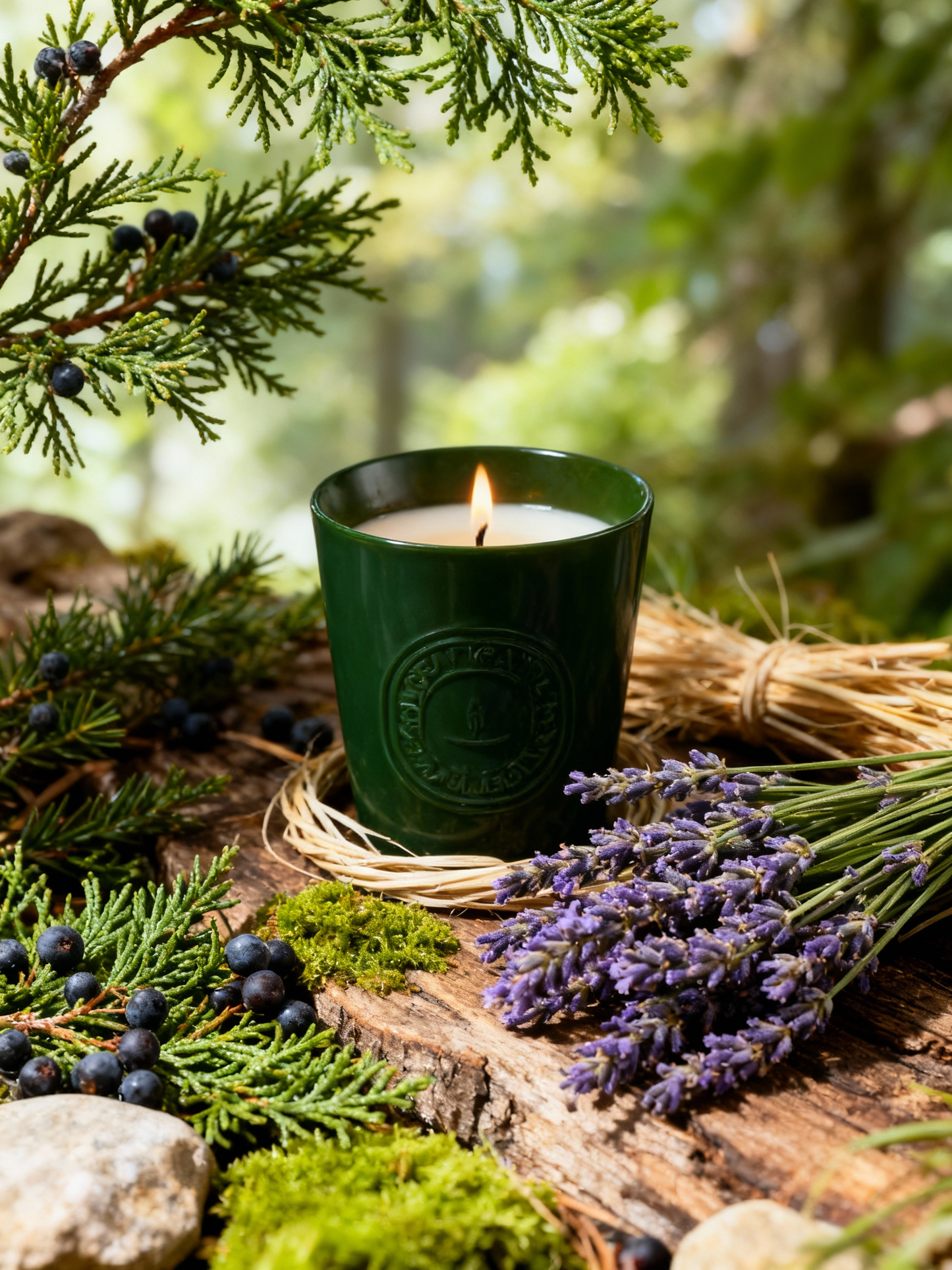 Lumine Juniper & Lavender soy wax candle lit in a styled ingredient scene with juniper berries, lavender sprigs, moss textures and vetiver grass.