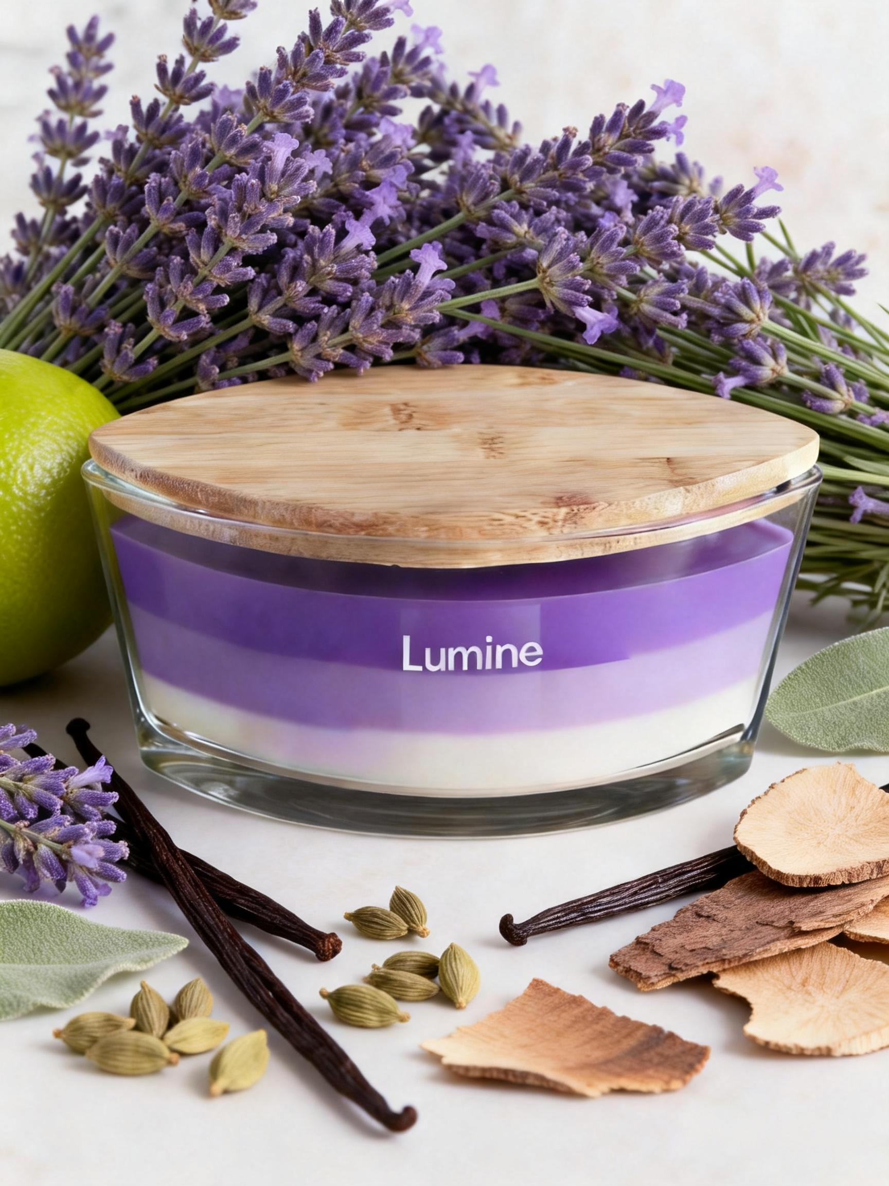 Lumine Lavender & Vanilla soy wax candle in a glass jar styled with lavender sprigs and vanilla pods.