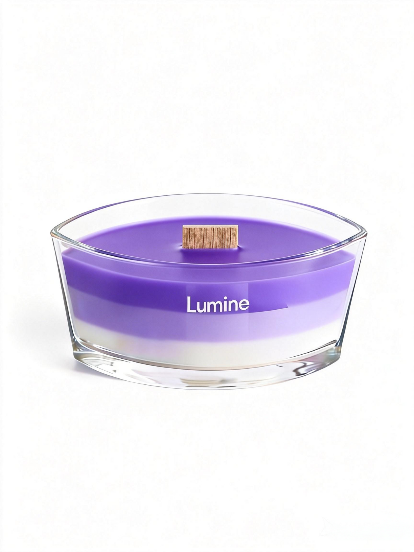 Top view of Lumine Lavender & Vanilla soy wax candle with the wooden lid removed, showing the wooden wick and layered wax.