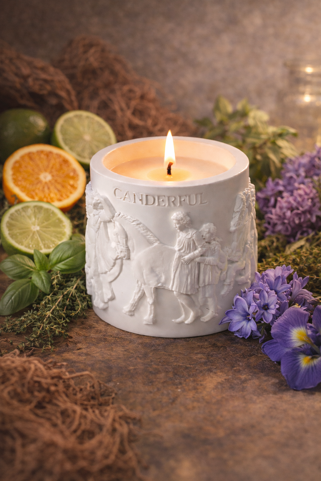 Lumine Lime, Basil & Vetiver soy wax candle styled with lime slices, sweet orange peel, basil leaves, thyme sprigs and vetiver roots.