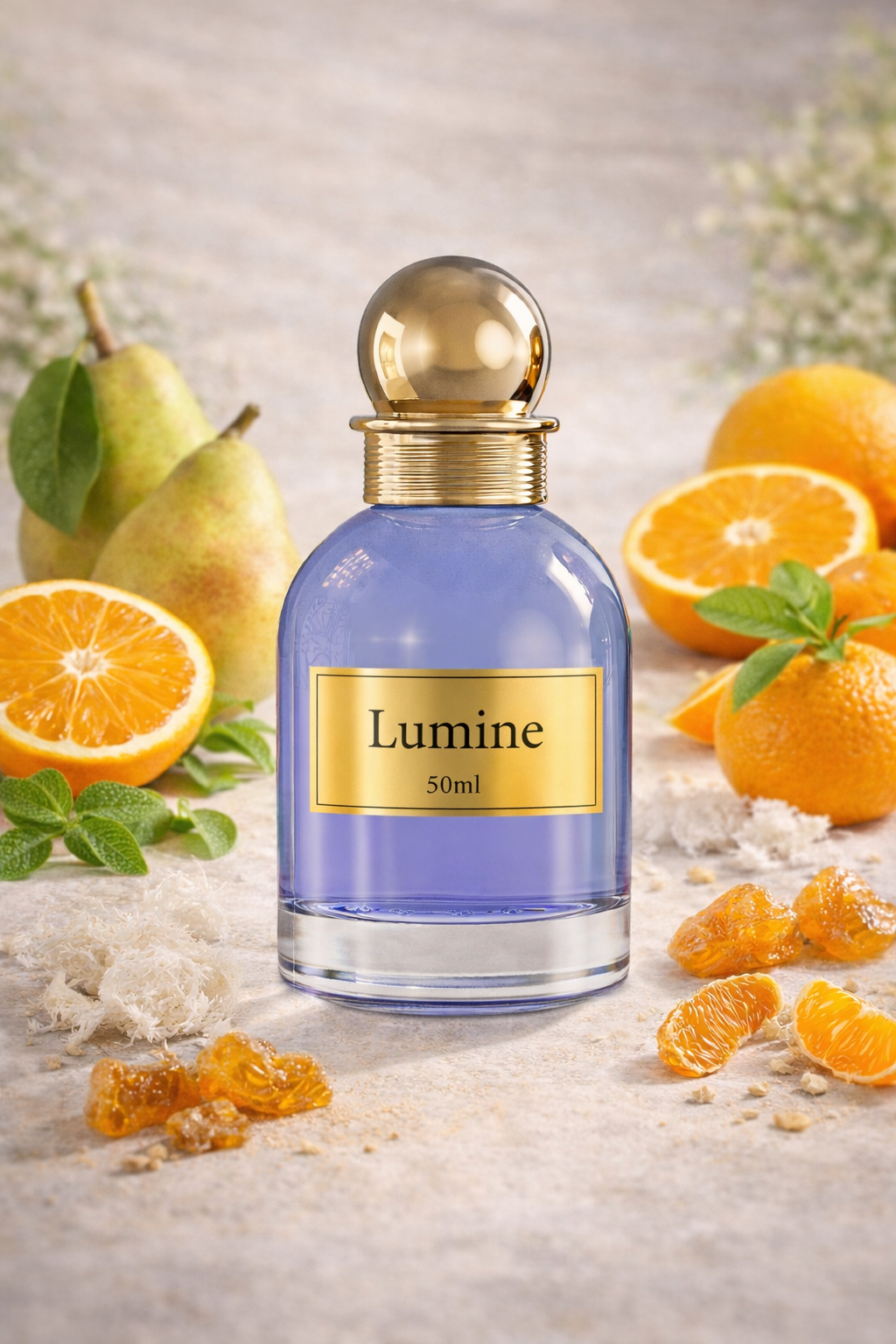 Lumine Ambrette & Pear 50ml perfume bottle in a natural still life with mandarin orange, musk, pear, ambrette and benzoin.