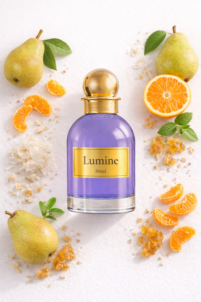 Flat lay of Lumine Ambrette & Pear 50ml perfume with mandarin orange, musk, pear, ambrette and benzoin on a clean white background.