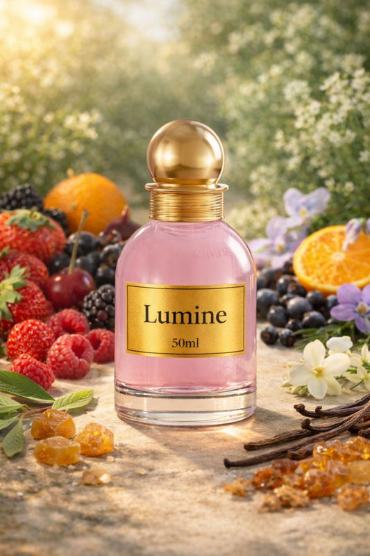Lumine Blackberry & Oakmoss 50ml perfume bottle in a natural still life with strawberry, raspberry, blackberry, sour cherry, black currant, mandarin, violet, jasmine, musk, vanilla, cashmeran, oakmoss, amber and patchouli.