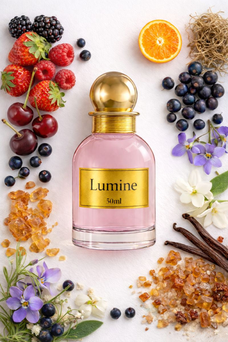 Flat lay of Lumine Blackberry & Oakmoss 50ml perfume with strawberry, raspberry, blackberry, sour cherry, black currant, mandarin, violet, jasmine, musk, vanilla, cashmeran, oakmoss, amber and patchouli on a clean white background.