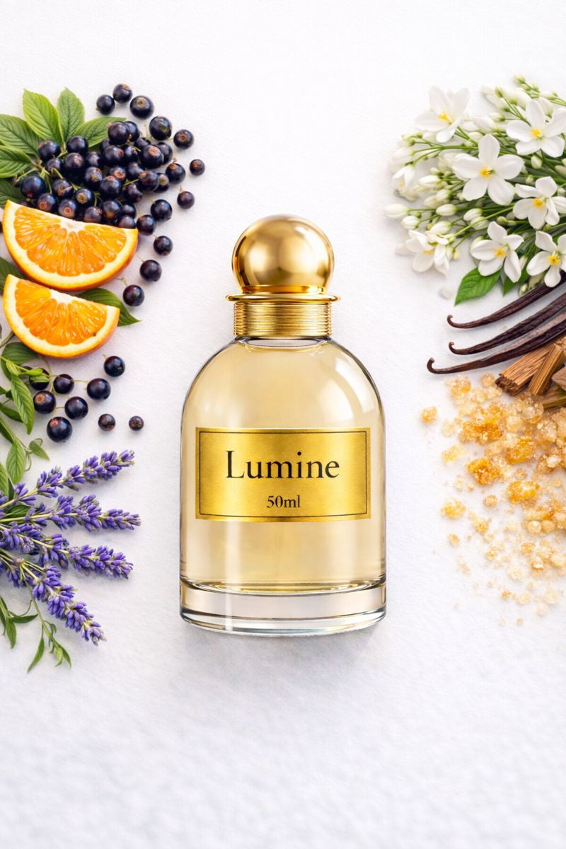 Flat lay of Lumine Lavender & Orange Blossom 50ml perfume with cassis, mandarin, petitgrain, lavender, jasmine, orange blossom, ambergris, cedarwood, musks and vanilla on a clean white background.