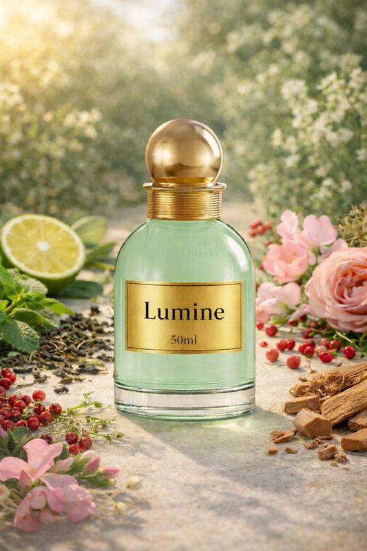 Lumine Mint & White Tea 50ml perfume bottle in a natural still life with bergamot, pink pepper, mint, tea leaves, sweet pea, rose, musk, cedar and cashmeran.