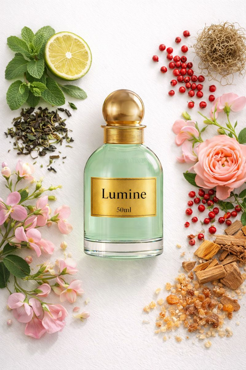 Flat lay of Lumine Mint & White Tea 50ml perfume with bergamot, pink pepper, mint, tea leaves, sweet pea, rose, musk, cedar and cashmeran on a clean white background.