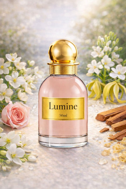Lumine Neroli & Sandalwood 50ml perfume bottle in a natural still life with neroli, watery notes, tuberose, ylang-ylang, jasmine, rose and sandalwood.