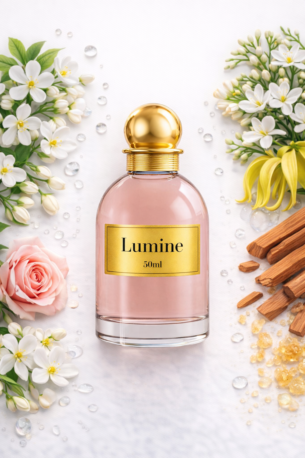 Flat lay of Lumine Neroli & Sandalwood 50ml perfume with neroli, watery notes, tuberose, ylang-ylang, jasmine, rose and sandalwood on a clean white background.