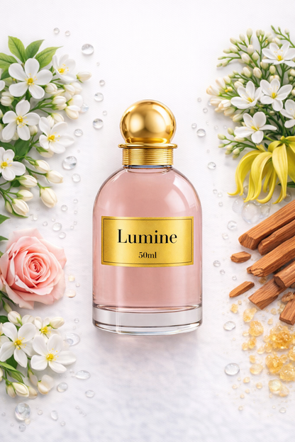 Flat lay of Lumine Neroli & Sandalwood 50ml perfume with neroli, watery notes, tuberose, ylang-ylang, jasmine, rose and sandalwood on a clean white background.