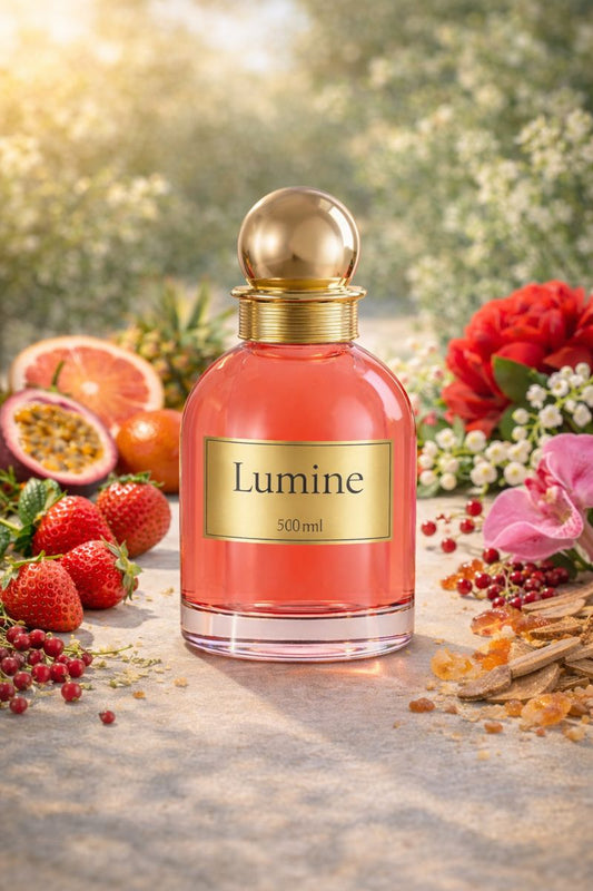 Lumine Passion Fruit & Orchid 50ml perfume bottle in a natural still life with passion fruit, grapefruit, pineapple, tangerine, strawberry, peony, orchid, red berries, jasmine, lily of the valley, vanilla, amber and sandalwood.