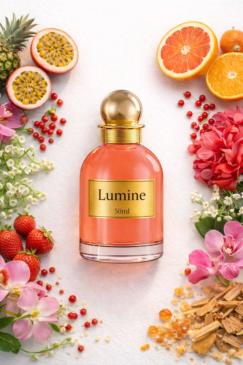 Flat lay of Lumine Passion Fruit & Orchid 50ml perfume with passion fruit, grapefruit, pineapple, tangerine, strawberry, peony, orchid, red berries, jasmine, lily of the valley, vanilla, amber and sandalwood on a clean white background.