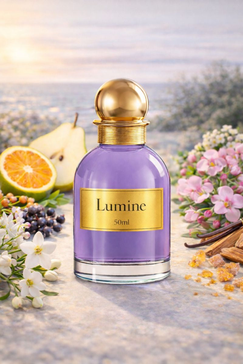 Lumine Pear & Cedar 50ml perfume bottle in a natural still life with bergamot, bitter orange, pear, freesia, mahonia, pomarose, ambrofix, Iso-E Super, Virginia cedar, belambre and sylkolide.