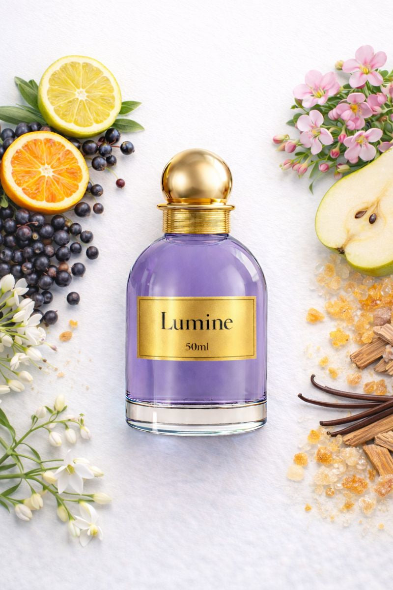 Flat lay of Lumine Pear & Cedar 50ml perfume with bergamot, bitter orange, pear, freesia, mahonia, pomarose, ambrofix, Iso-E Super, Virginia cedar, belambre and sylkolide on a clean white background.