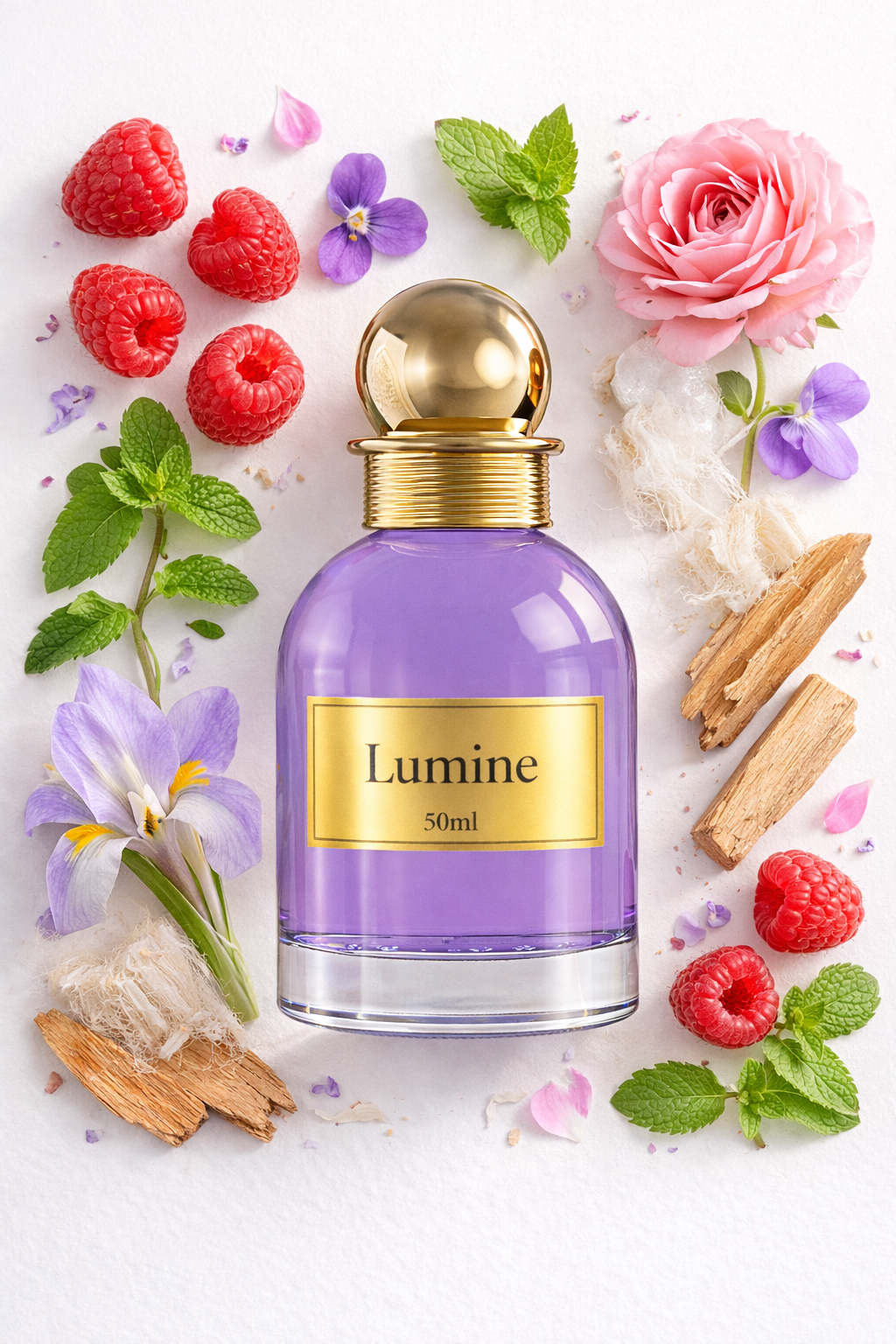 Flat lay of Lumine Rose & Mint 50ml perfume with raspberry, rose, violet, geranium, mint, iris, cedar and musk on a clean white background.