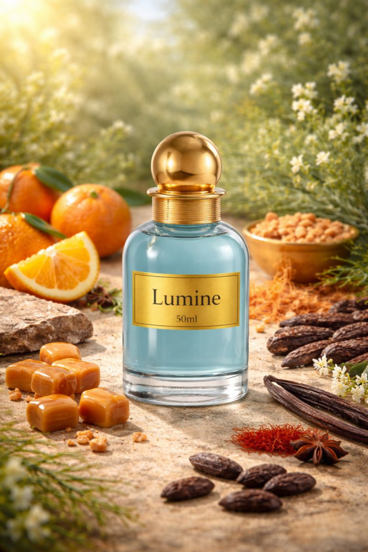 Lumine Saffron & Cedar 50ml perfume bottle in a natural still life with mandarin, saffron, sage, caramel, tonka bean, marigold, vetiver roots and cedar.