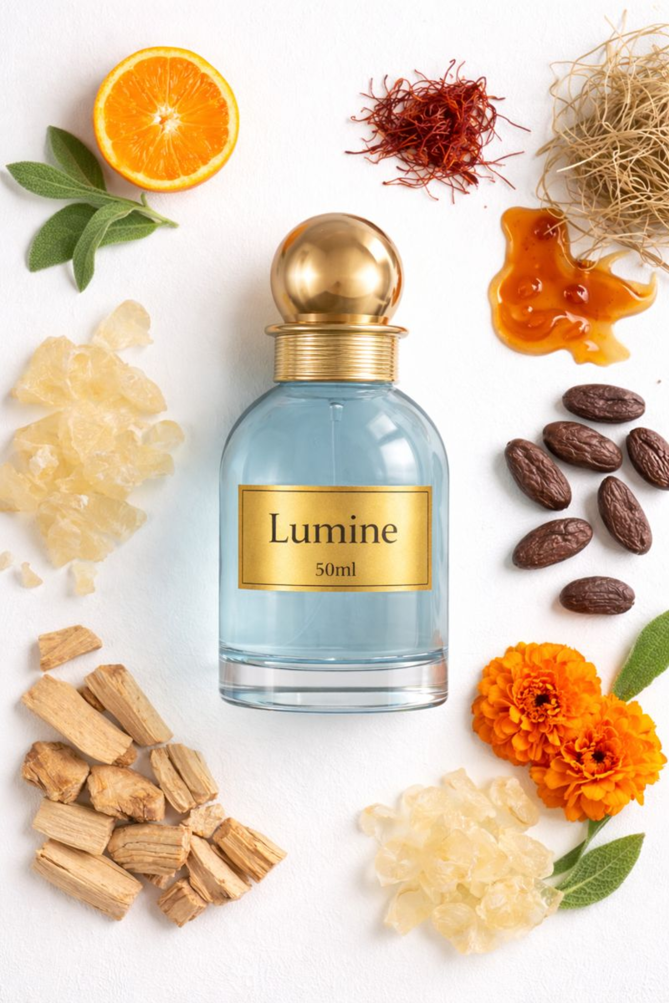 Flat lay of Lumine Saffron & Cedar 50ml perfume with mandarin, saffron, sage, caramel, tonka bean, marigold, vetiver and cedar on a clean white background.