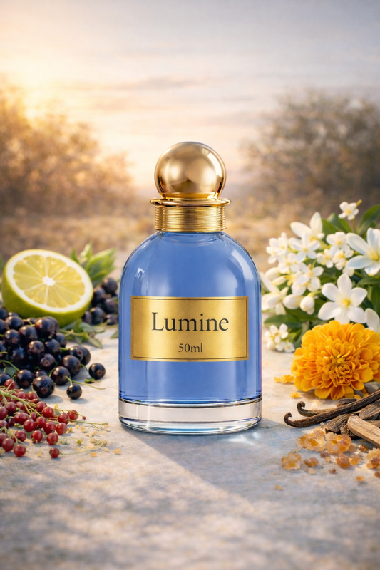 Lumine Tuberose & Blackcurrant 50ml perfume bottle in a natural still life with bergamot, black currant, orange blossom, tuberose, jasmine, English marigold, vanilla, musk, patchouli and cedar.