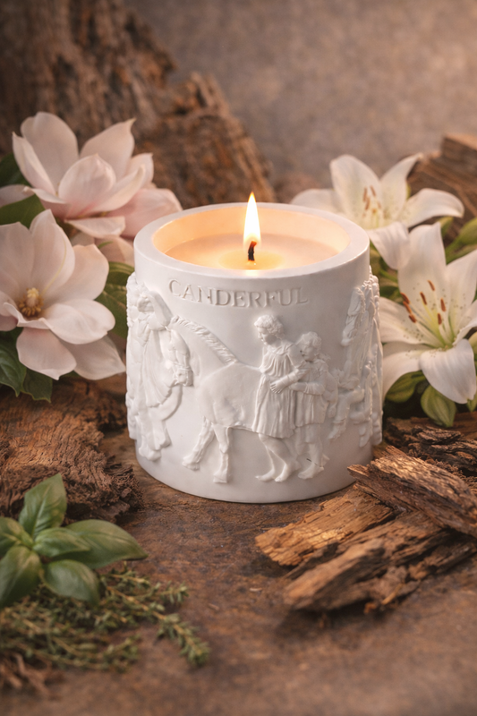Lumine Magnolia & Lily soy wax candle styled with magnolia blossoms, lily petals and light wood accents for a clean floral mood.