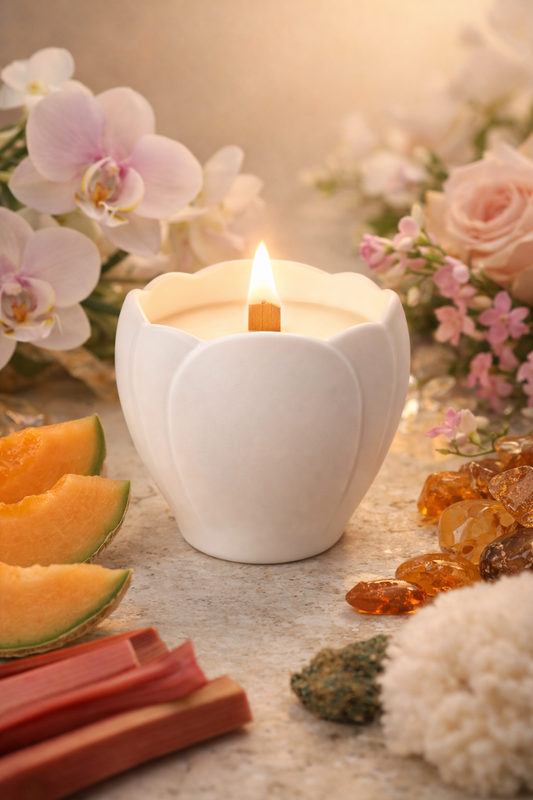 Lumine Orchid, Melon & Rhubarb soy wax candle in a magnolia-shaped porcelain vessel styled with orchid petals, melon slices and rhubarb stems.