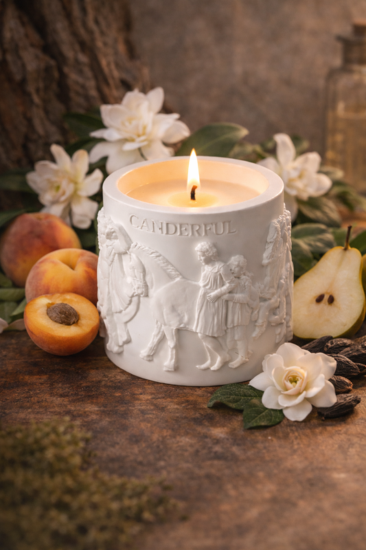 Lumine Peach & Gardenia soy wax candle styled with peach and apricot accents, gardenia petals, pear slices and soft woody notes.