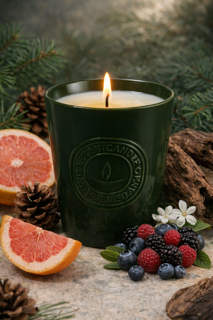 Pine & Patchouli soy wax candle lit in a styled ingredient scene with pine needles, grapefruit slices, wild berries and oud wood notes.