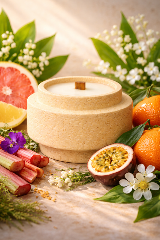 Lumine Rhubarb & Orange Blossom soy wax candle in a stone-style vessel, styled with citrus peel and fresh botanical accents.